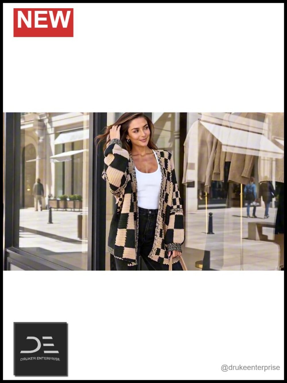 Open Front Chunky Knit Cardigan Sweater for Women Long Sleeve Checkered Coat - Picture 6 of 6